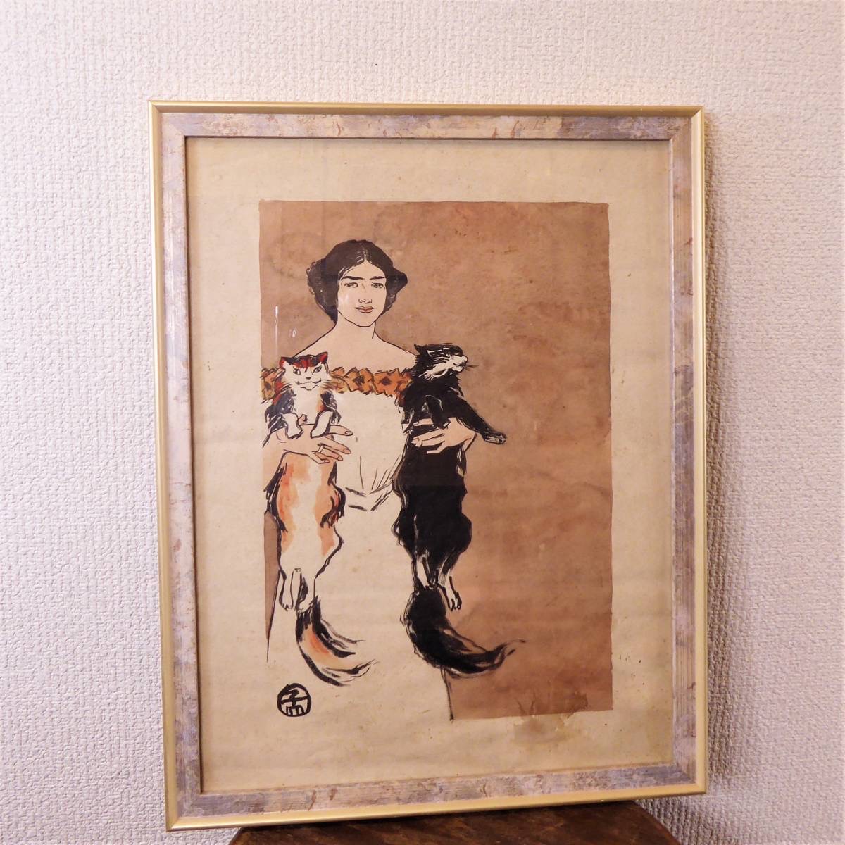 絵画 鹿子木猛郎 作 「女と猫」